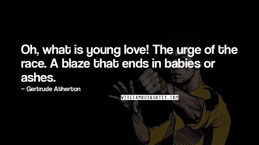 Gertrude Atherton Quotes: Oh, what is young love! The urge of the race. A blaze that ends in babies or ashes.