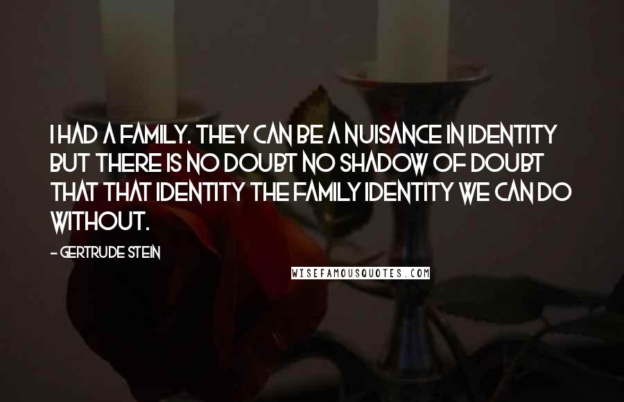 Gertrude Stein Quotes: I had a family. They can be a nuisance in identity but there is no doubt no shadow of doubt that that identity the family identity we can do without.