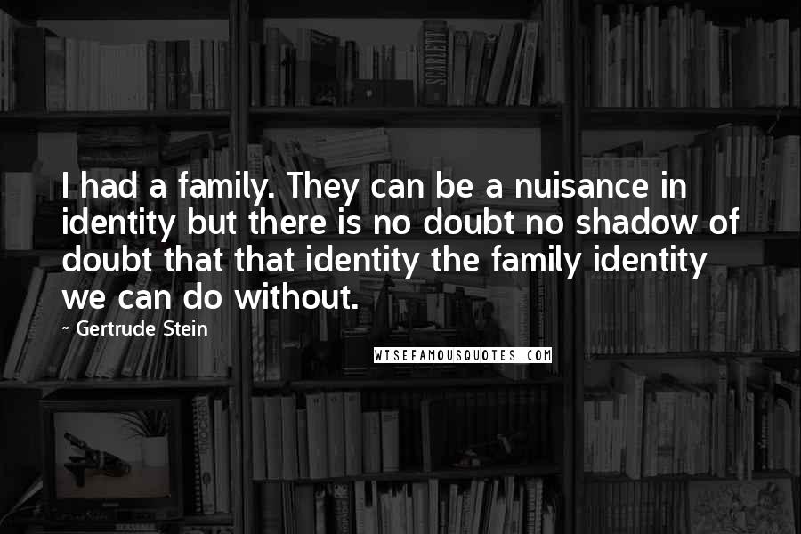 Gertrude Stein Quotes: I had a family. They can be a nuisance in identity but there is no doubt no shadow of doubt that that identity the family identity we can do without.