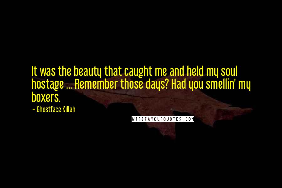 Ghostface Killah Quotes: It was the beauty that caught me and held my soul hostage ... Remember those days? Had you smellin' my boxers.