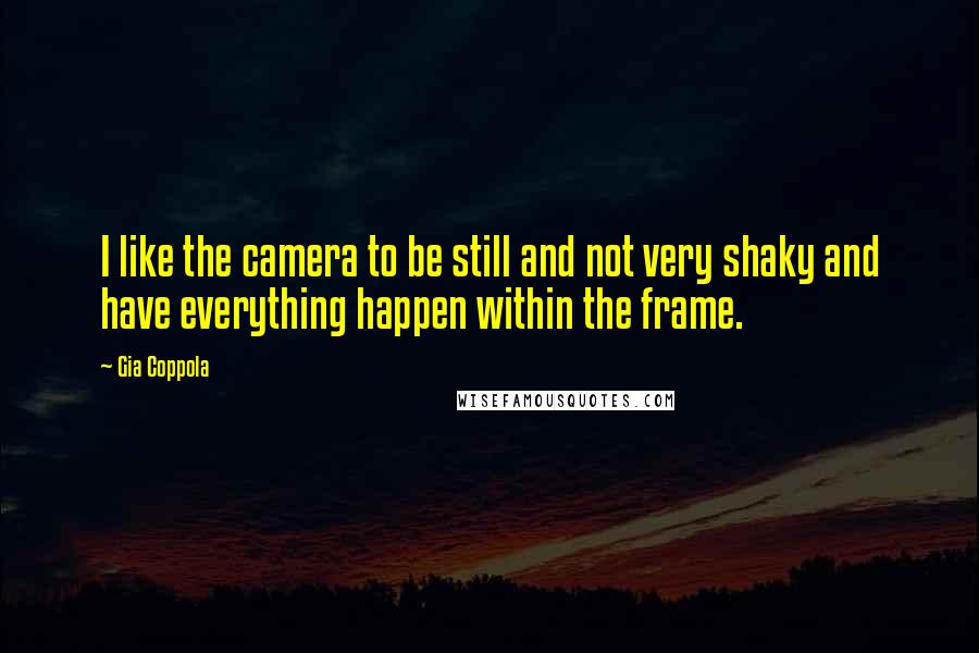 Gia Coppola Quotes: I like the camera to be still and not very shaky and have everything happen within the frame.