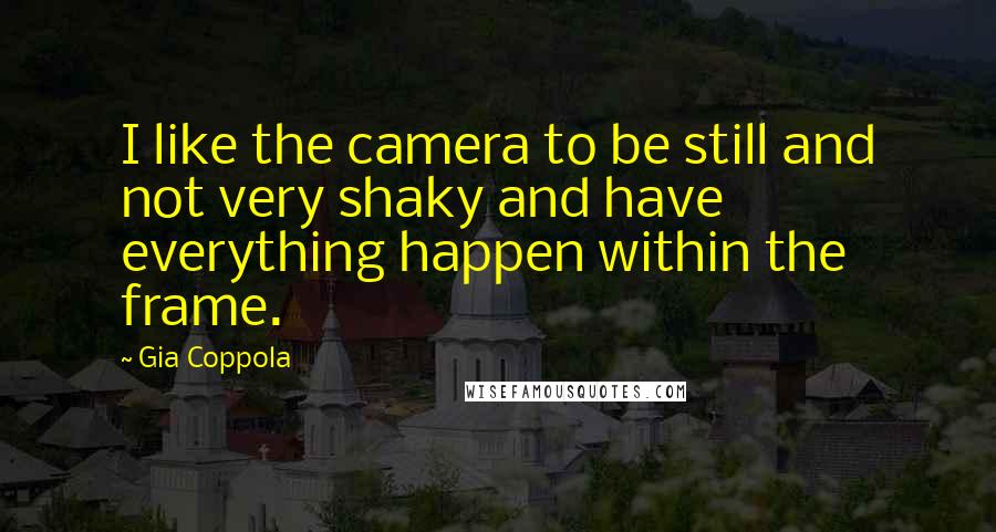 Gia Coppola Quotes: I like the camera to be still and not very shaky and have everything happen within the frame.