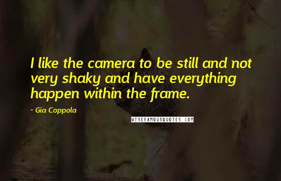 Gia Coppola Quotes: I like the camera to be still and not very shaky and have everything happen within the frame.