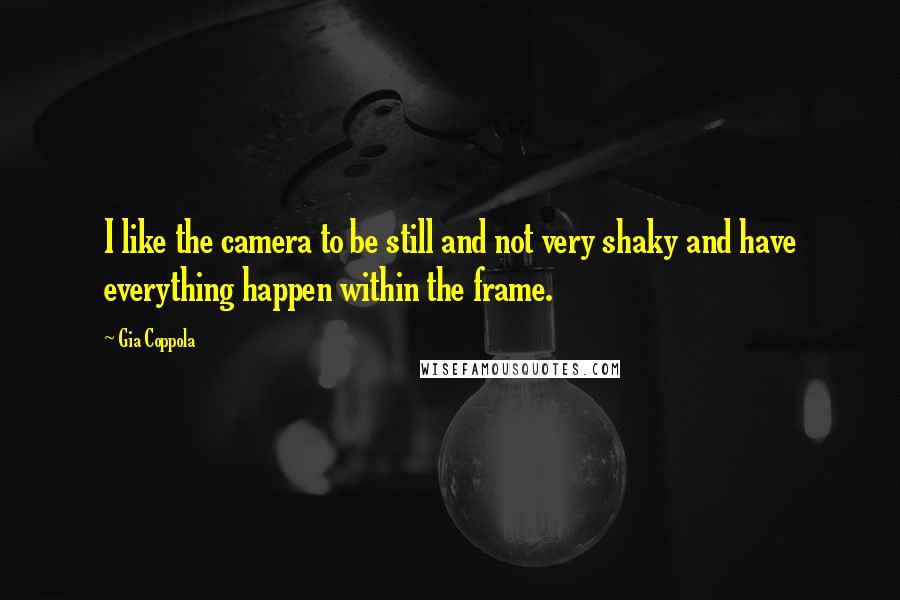 Gia Coppola Quotes: I like the camera to be still and not very shaky and have everything happen within the frame.