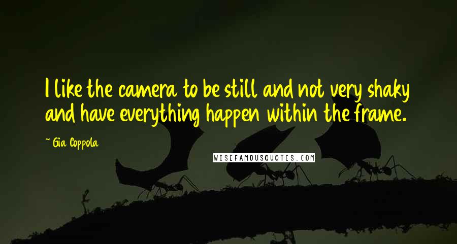 Gia Coppola Quotes: I like the camera to be still and not very shaky and have everything happen within the frame.