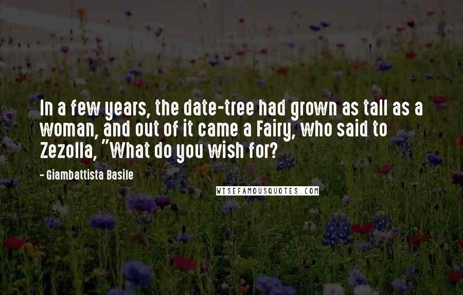 Giambattista Basile Quotes: In a few years, the date-tree had grown as tall as a woman, and out of it came a Fairy, who said to Zezolla, "What do you wish for?