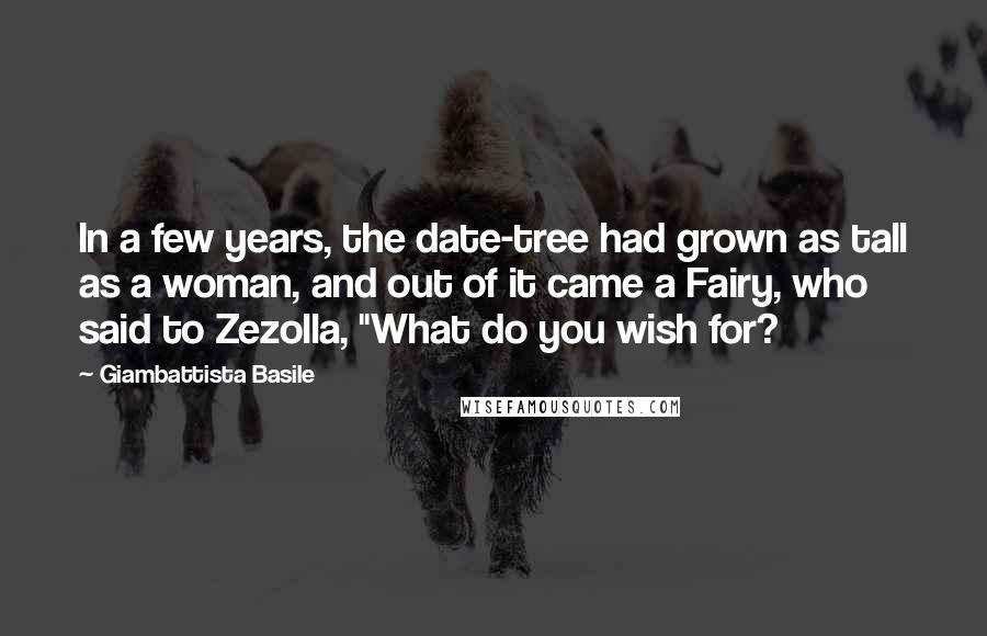 Giambattista Basile Quotes: In a few years, the date-tree had grown as tall as a woman, and out of it came a Fairy, who said to Zezolla, "What do you wish for?