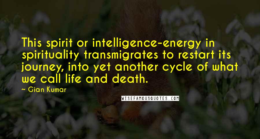 Gian Kumar Quotes: This spirit or intelligence-energy in spirituality transmigrates to restart its journey, into yet another cycle of what we call life and death.