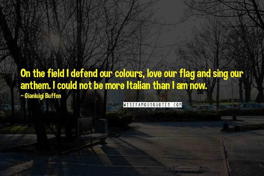 Gianluigi Buffon Quotes: On the field I defend our colours, love our flag and sing our anthem. I could not be more Italian than I am now.