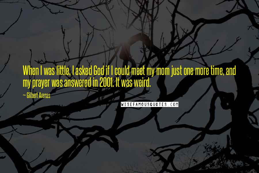 Gilbert Arenas Quotes: When I was little, I asked God if I could meet my mom just one more time, and my prayer was answered in 2001. It was weird.