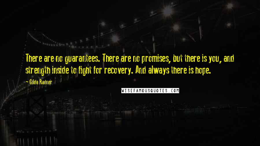 Gilda Radner Quotes: There are no guarantees. There are no promises, but there is you, and strength inside to fight for recovery. And always there is hope.