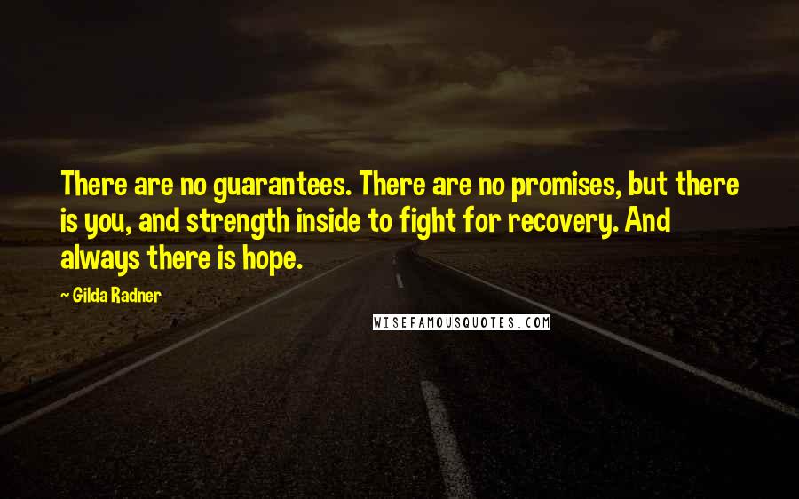 Gilda Radner Quotes: There are no guarantees. There are no promises, but there is you, and strength inside to fight for recovery. And always there is hope.