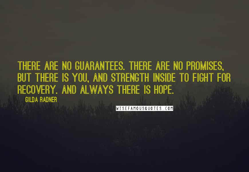 Gilda Radner Quotes: There are no guarantees. There are no promises, but there is you, and strength inside to fight for recovery. And always there is hope.