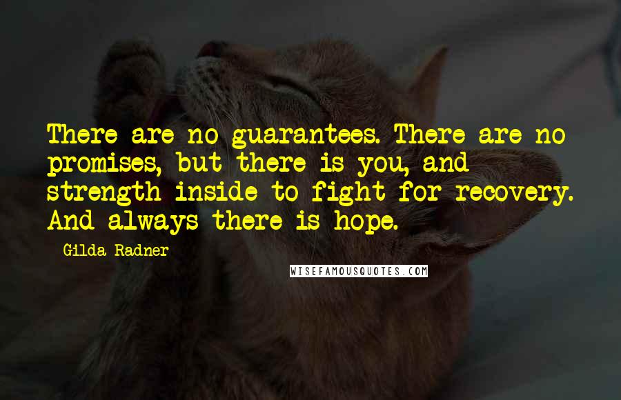 Gilda Radner Quotes: There are no guarantees. There are no promises, but there is you, and strength inside to fight for recovery. And always there is hope.