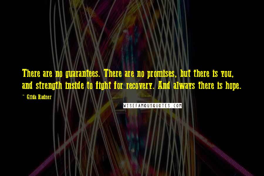 Gilda Radner Quotes: There are no guarantees. There are no promises, but there is you, and strength inside to fight for recovery. And always there is hope.