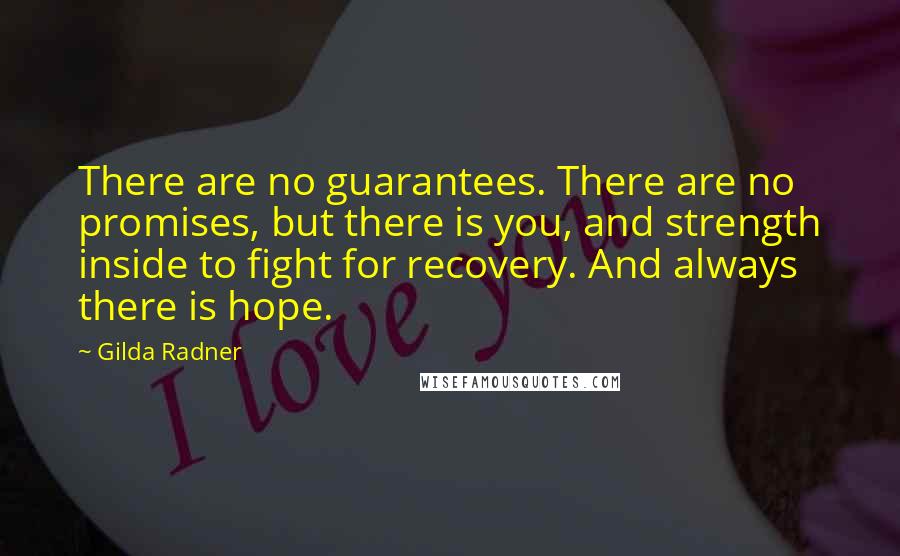 Gilda Radner Quotes: There are no guarantees. There are no promises, but there is you, and strength inside to fight for recovery. And always there is hope.