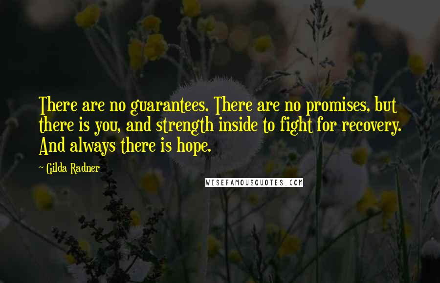 Gilda Radner Quotes: There are no guarantees. There are no promises, but there is you, and strength inside to fight for recovery. And always there is hope.