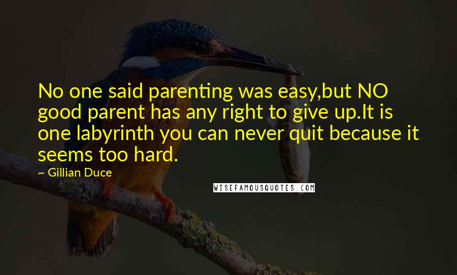 Gillian Duce Quotes: No one said parenting was easy,but NO good parent has any right to give up.It is one labyrinth you can never quit because it seems too hard.