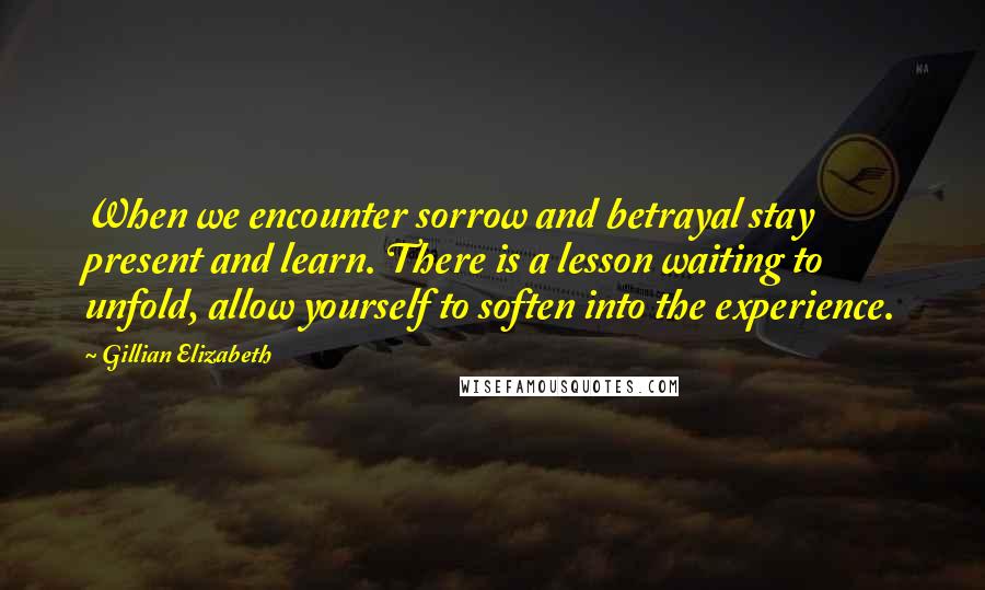 Gillian Elizabeth Quotes: When we encounter sorrow and betrayal stay present and learn. There is a lesson waiting to unfold, allow yourself to soften into the experience.