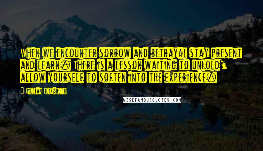 Gillian Elizabeth Quotes: When we encounter sorrow and betrayal stay present and learn. There is a lesson waiting to unfold, allow yourself to soften into the experience.