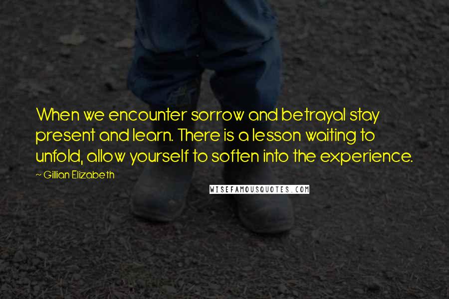 Gillian Elizabeth Quotes: When we encounter sorrow and betrayal stay present and learn. There is a lesson waiting to unfold, allow yourself to soften into the experience.