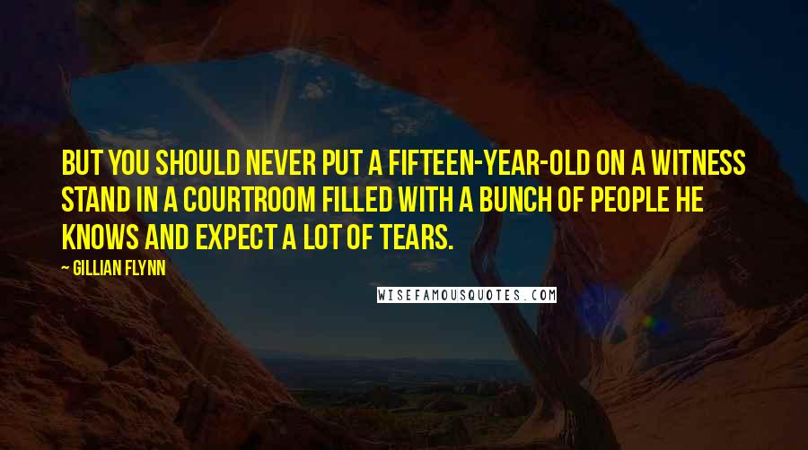 Gillian Flynn Quotes: But you should never put a fifteen-year-old on a witness stand in a courtroom filled with a bunch of people he knows and expect a lot of tears.