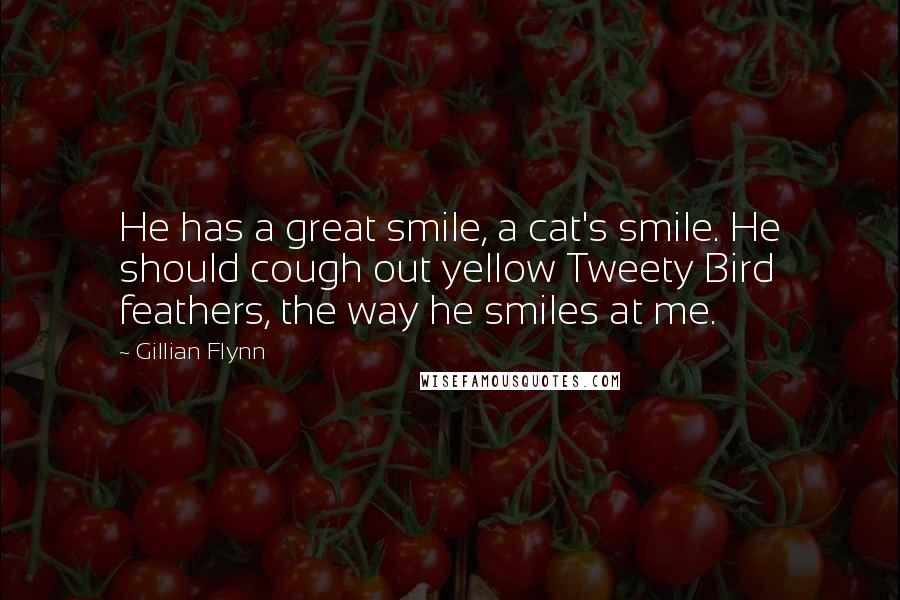 Gillian Flynn Quotes: He has a great smile, a cat's smile. He should cough out yellow Tweety Bird feathers, the way he smiles at me.