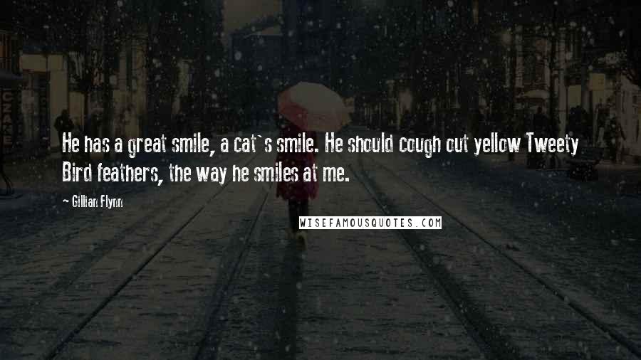 Gillian Flynn Quotes: He has a great smile, a cat's smile. He should cough out yellow Tweety Bird feathers, the way he smiles at me.