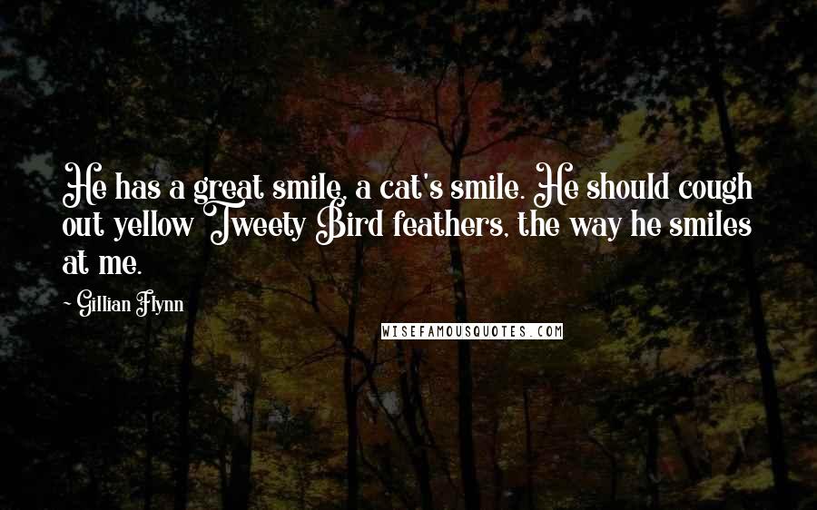 Gillian Flynn Quotes: He has a great smile, a cat's smile. He should cough out yellow Tweety Bird feathers, the way he smiles at me.