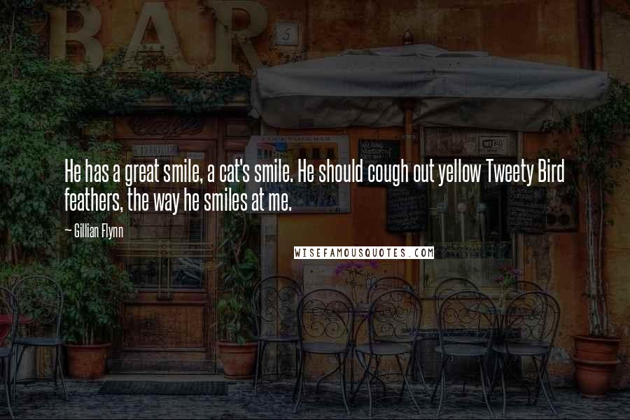 Gillian Flynn Quotes: He has a great smile, a cat's smile. He should cough out yellow Tweety Bird feathers, the way he smiles at me.