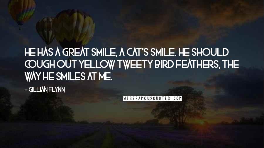 Gillian Flynn Quotes: He has a great smile, a cat's smile. He should cough out yellow Tweety Bird feathers, the way he smiles at me.