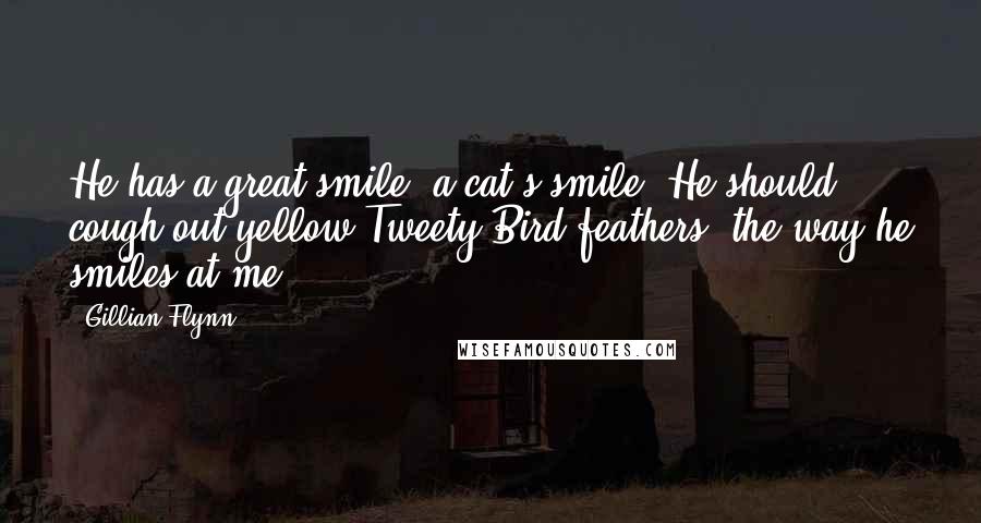 Gillian Flynn Quotes: He has a great smile, a cat's smile. He should cough out yellow Tweety Bird feathers, the way he smiles at me.