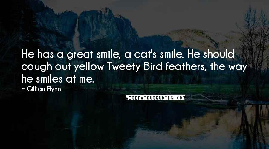 Gillian Flynn Quotes: He has a great smile, a cat's smile. He should cough out yellow Tweety Bird feathers, the way he smiles at me.