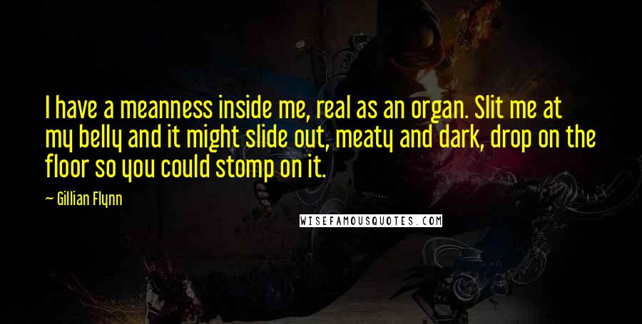 Gillian Flynn Quotes: I have a meanness inside me, real as an organ. Slit me at my belly and it might slide out, meaty and dark, drop on the floor so you could stomp on it.