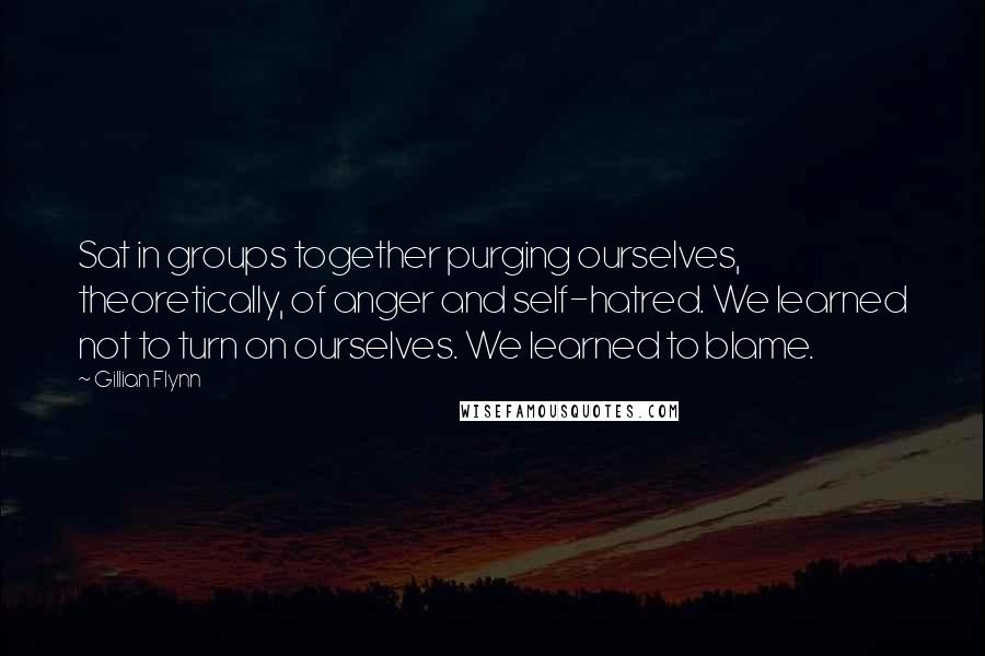 Gillian Flynn Quotes: Sat in groups together purging ourselves, theoretically, of anger and self-hatred. We learned not to turn on ourselves. We learned to blame.