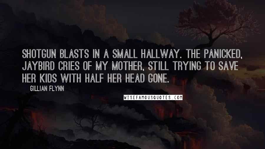 Gillian Flynn Quotes: Shotgun blasts in a small hallway. The panicked, jaybird cries of my mother, still trying to save her kids with half her head gone.