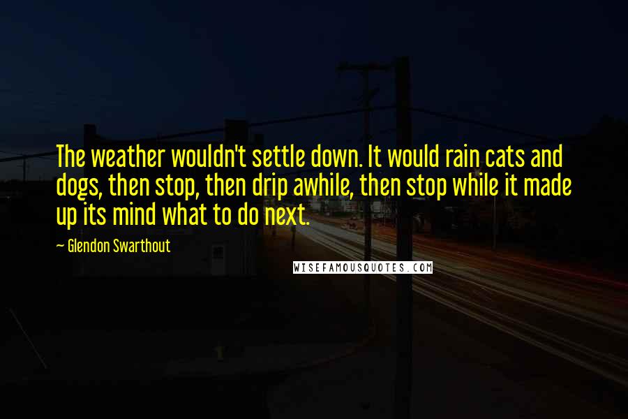 Glendon Swarthout Quotes: The weather wouldn't settle down. It would rain cats and dogs, then stop, then drip awhile, then stop while it made up its mind what to do next.