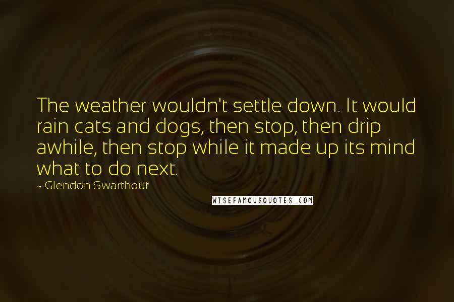 Glendon Swarthout Quotes: The weather wouldn't settle down. It would rain cats and dogs, then stop, then drip awhile, then stop while it made up its mind what to do next.