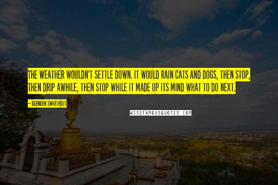 Glendon Swarthout Quotes: The weather wouldn't settle down. It would rain cats and dogs, then stop, then drip awhile, then stop while it made up its mind what to do next.