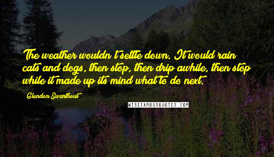 Glendon Swarthout Quotes: The weather wouldn't settle down. It would rain cats and dogs, then stop, then drip awhile, then stop while it made up its mind what to do next.