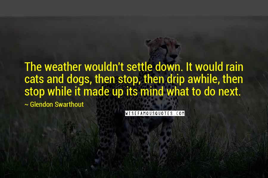 Glendon Swarthout Quotes: The weather wouldn't settle down. It would rain cats and dogs, then stop, then drip awhile, then stop while it made up its mind what to do next.