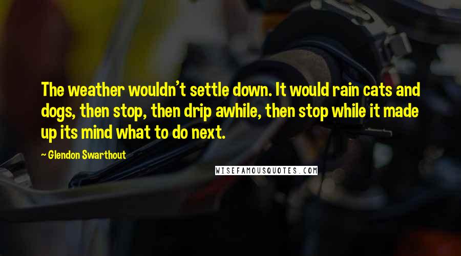 Glendon Swarthout Quotes: The weather wouldn't settle down. It would rain cats and dogs, then stop, then drip awhile, then stop while it made up its mind what to do next.