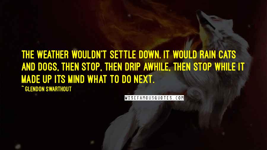 Glendon Swarthout Quotes: The weather wouldn't settle down. It would rain cats and dogs, then stop, then drip awhile, then stop while it made up its mind what to do next.