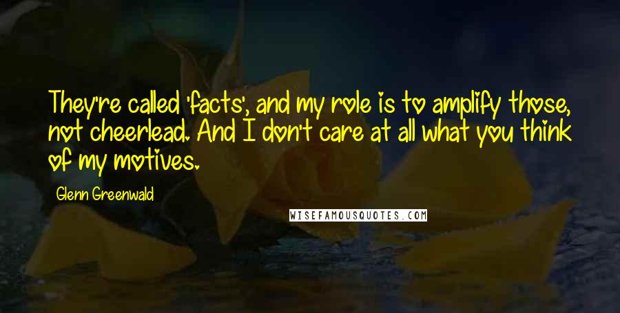 Glenn Greenwald Quotes: They're called 'facts', and my role is to amplify those, not cheerlead. And I don't care at all what you think of my motives.
