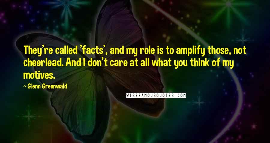 Glenn Greenwald Quotes: They're called 'facts', and my role is to amplify those, not cheerlead. And I don't care at all what you think of my motives.