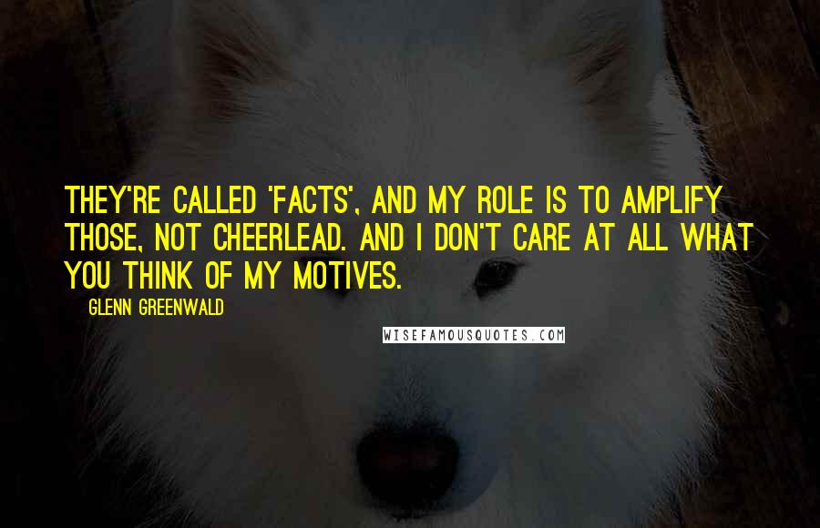 Glenn Greenwald Quotes: They're called 'facts', and my role is to amplify those, not cheerlead. And I don't care at all what you think of my motives.