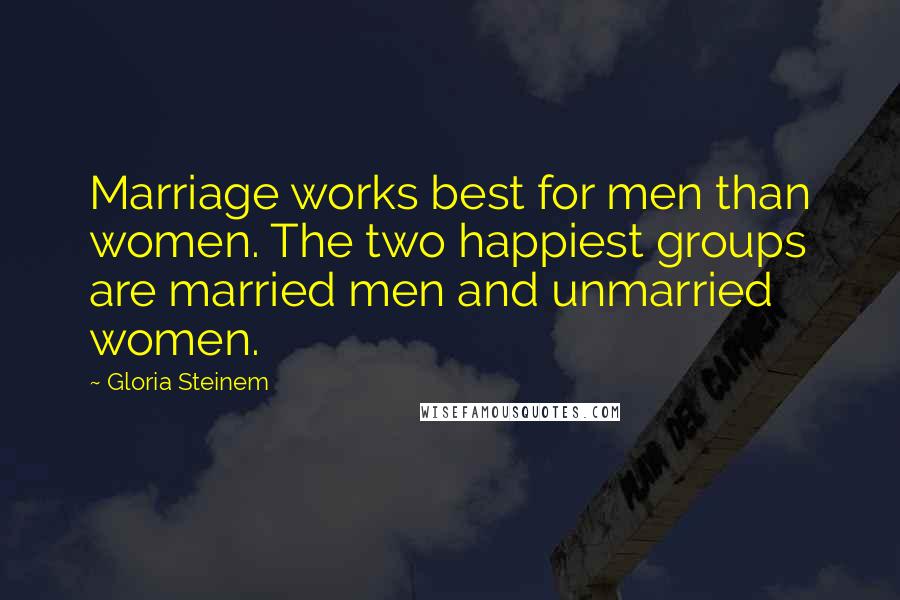 Gloria Steinem Quotes: Marriage works best for men than women. The two happiest groups are married men and unmarried women.