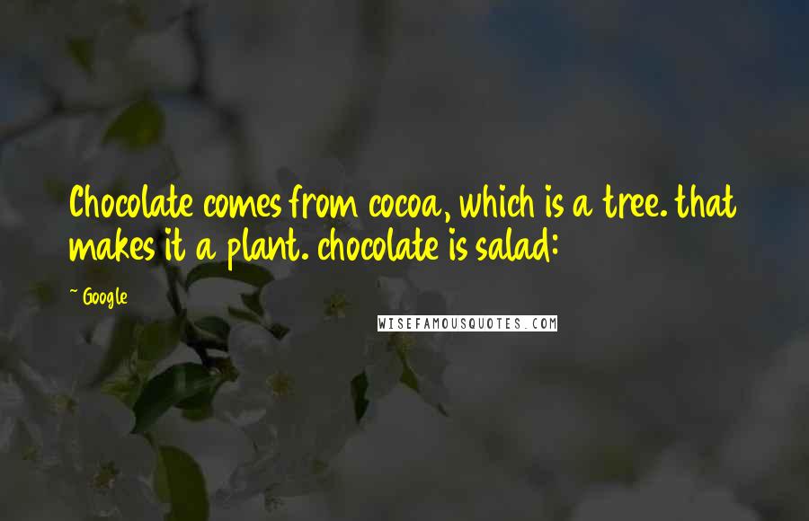 Google Quotes: Chocolate comes from cocoa, which is a tree. that makes it a plant. chocolate is salad:0