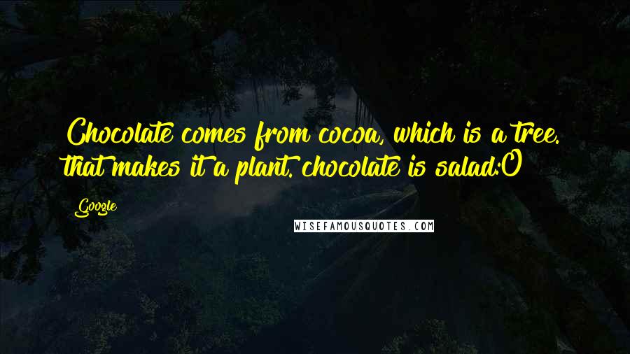 Google Quotes: Chocolate comes from cocoa, which is a tree. that makes it a plant. chocolate is salad:0