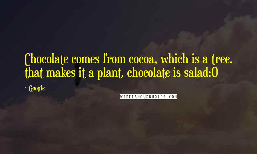 Google Quotes: Chocolate comes from cocoa, which is a tree. that makes it a plant. chocolate is salad:0